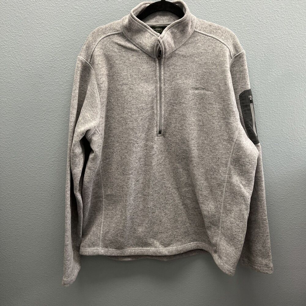 Eddie Bauer Sweater Mens XXL Gray Fleece 1/4 Zip Pullover Arm Zip Pocket